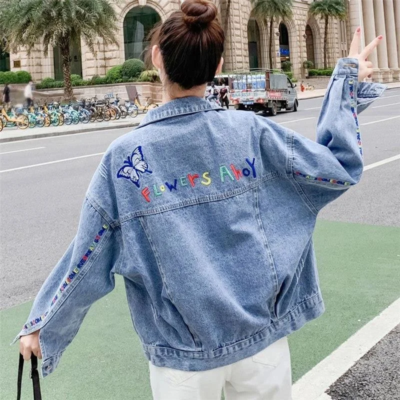 

Vintage Casual Jeans Jacket 2021 Spring Autumn New Letter Embroidered Short Denim Jacket Women Loose Ladies Basic Coat Outwear