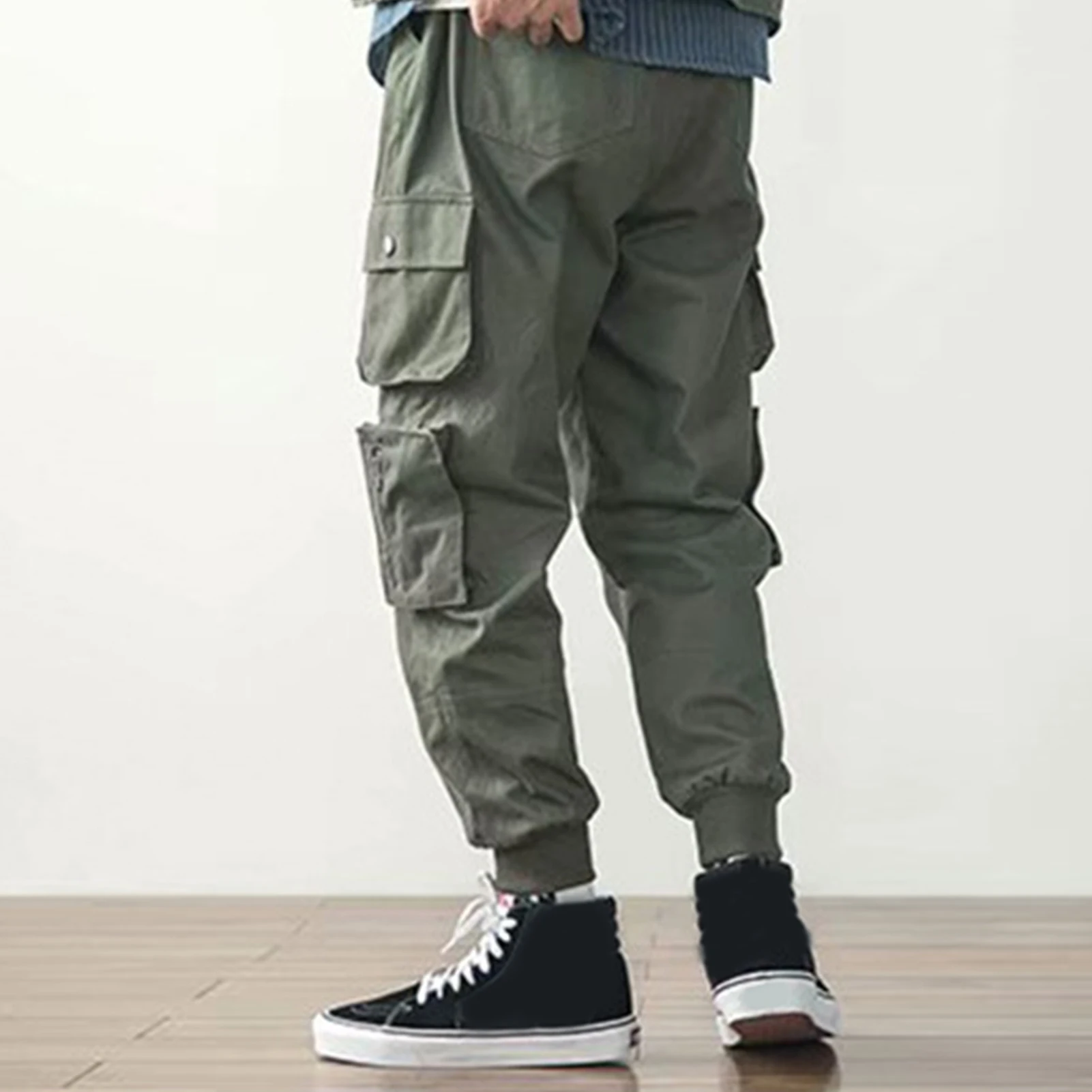 

Men Casual Multi Pockets Ankle Tied Drawstring Long Cargo Pants Loose Trousers