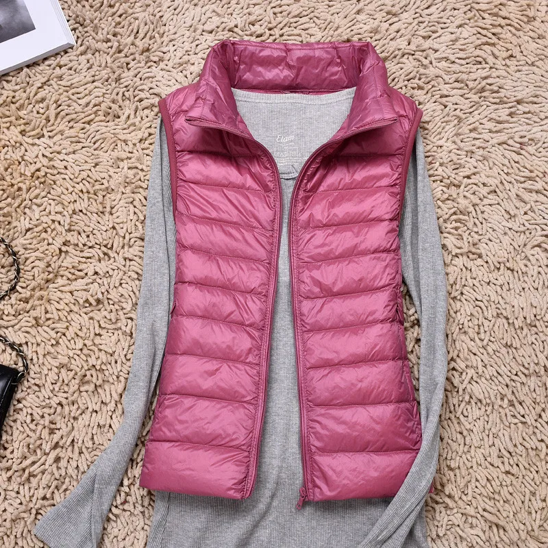 Women Sleeveless Vest Autumn Winter Warm Ultra Light White duck down Jacket Female Slim Veats Stand Collar Waistcoat