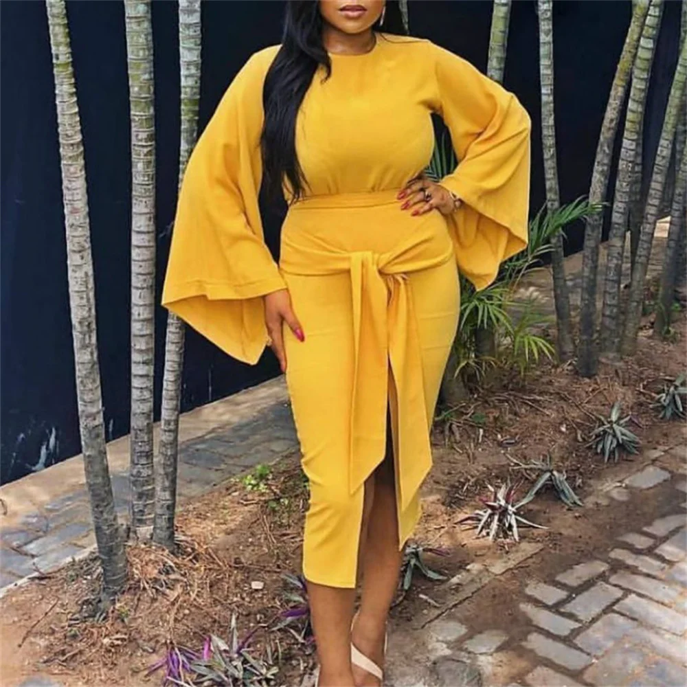 

Flare Sleeve Belted Office Dress Women 2021 Summer Elegant Boodycon Pencil Midi Dresses African Vintage Split Maxi Vestidos