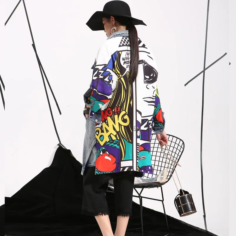 

2019 nueva primavera Empalme Graffitis Vaquero Mujer de manga Larga Chaqueta de Abrigo Largo Ropa de Moda Femenina