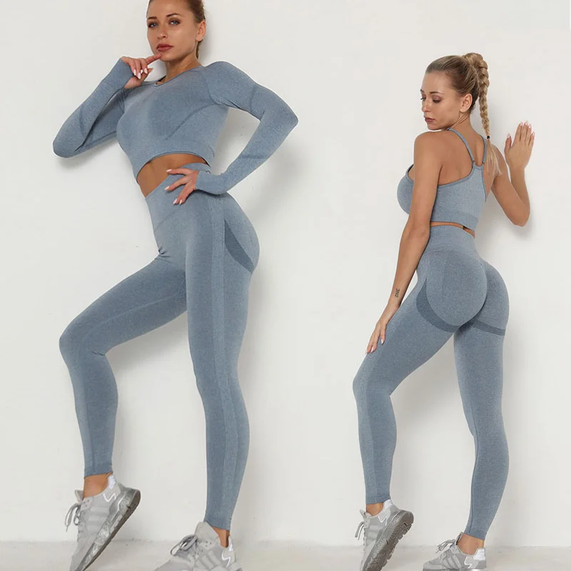 

SkinnyTracksuit Seamless Outfits Breathable Bra Long Sleeve Top High Waist Push Up Leggings Gym Clothes Sport Suit Women's Sets