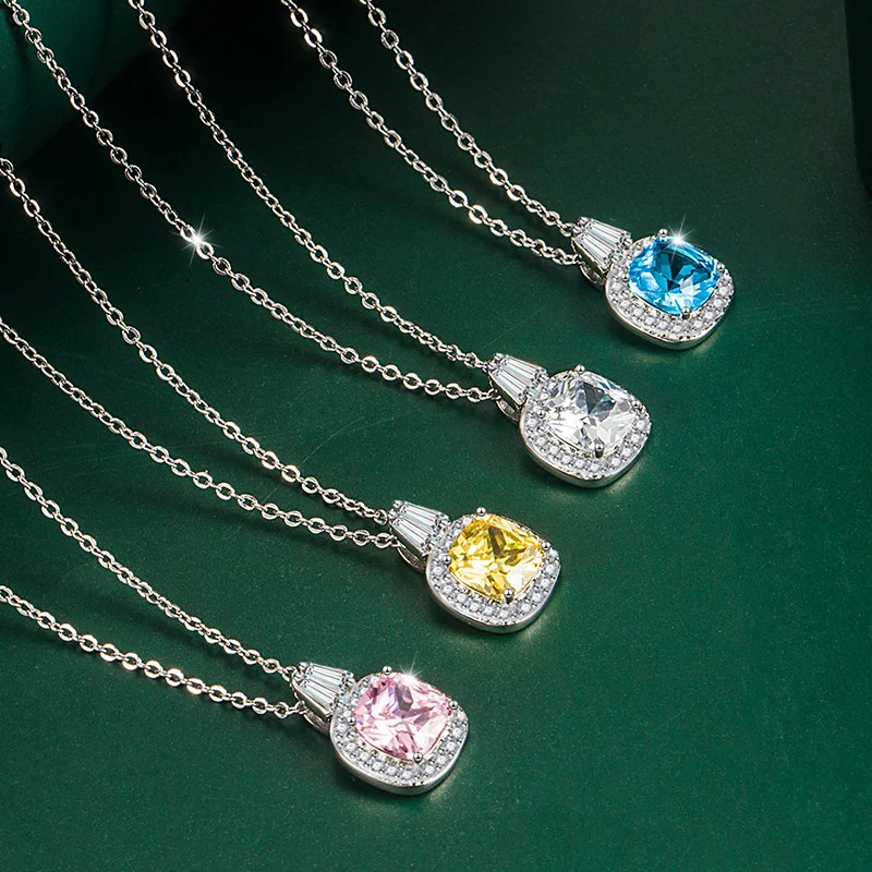 

Bella Box Multicolor Gemstone Zircon Necklace 925 Sterling Silver Simple Square Pendant Wedding Engagement Jewelry 10.3*14.6mm