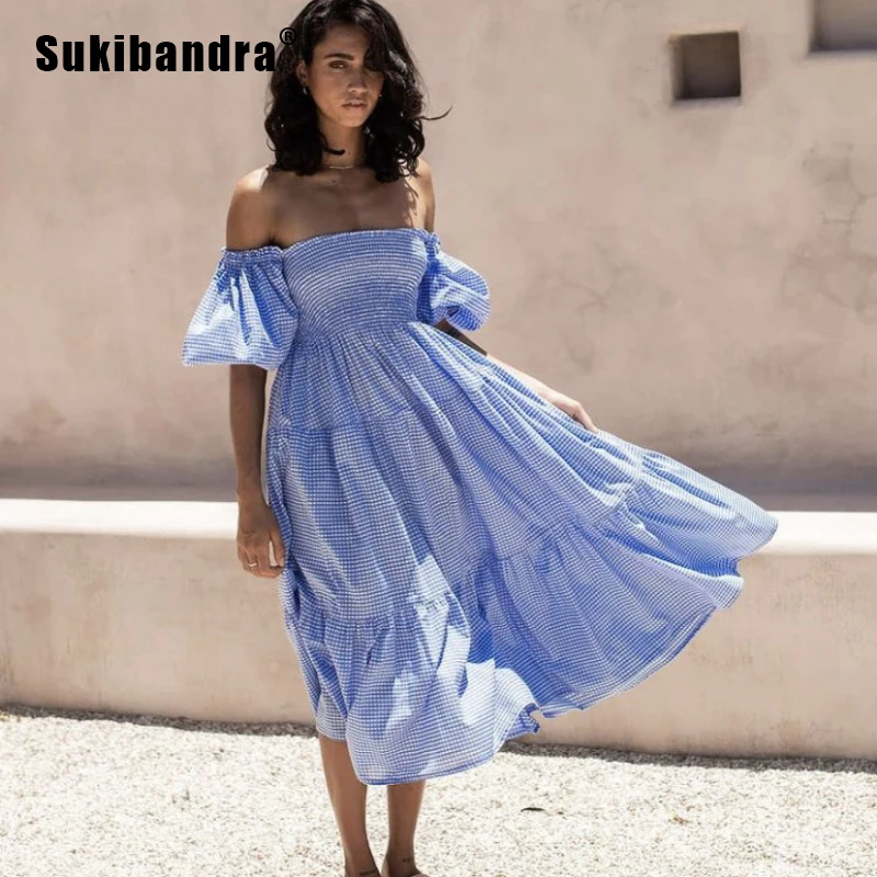 

Sukibandra 2021 в винтажном стиле; Сезон лето платье с открытыми плечами, синяя клетчатая миди платье элегантный женский галстук-бабочка, плиссиро...