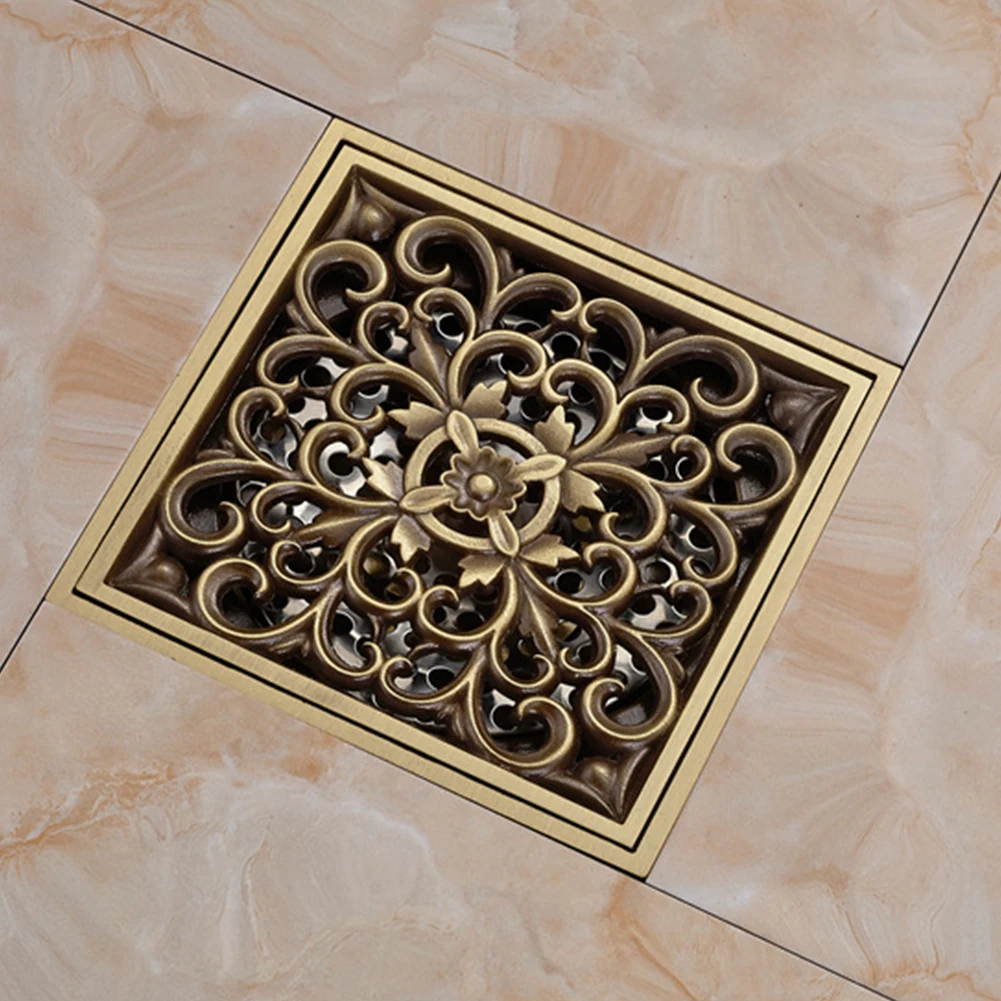 

Square Shape Floor Drain Invisible Insert Strainer Bathroom Shower Anti-odor Grates Home Vintage Cover Antique Brass