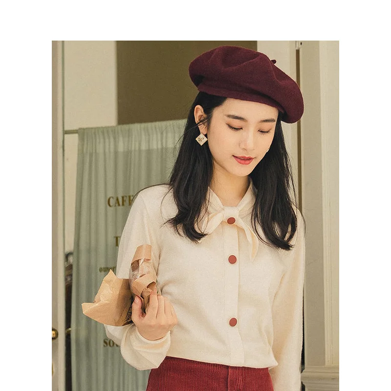 

INMAN Spring Autumn Young Literary Style Cute Bow Neck Solid Women Pullover