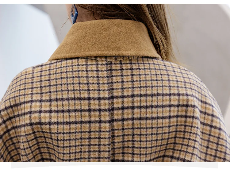 

Autumn Winter Oversized Plaid Woolen Coat Turn-down Collar Double Breasted Trench Coat Women Over Knee Heben Style Windbreaker