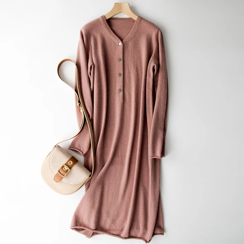 Длинный кашемировый свитер свободный тонкий сексуальный с v-образным вырезом