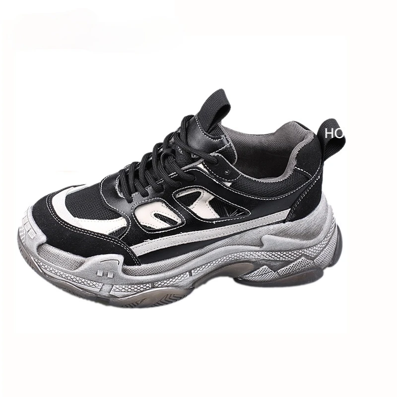 

Women Sneakers Dirty Shoes Thick Sole Lace-Up Black Pink All-Match Breathable Light Running Daddy Casual Chunky Sneakers