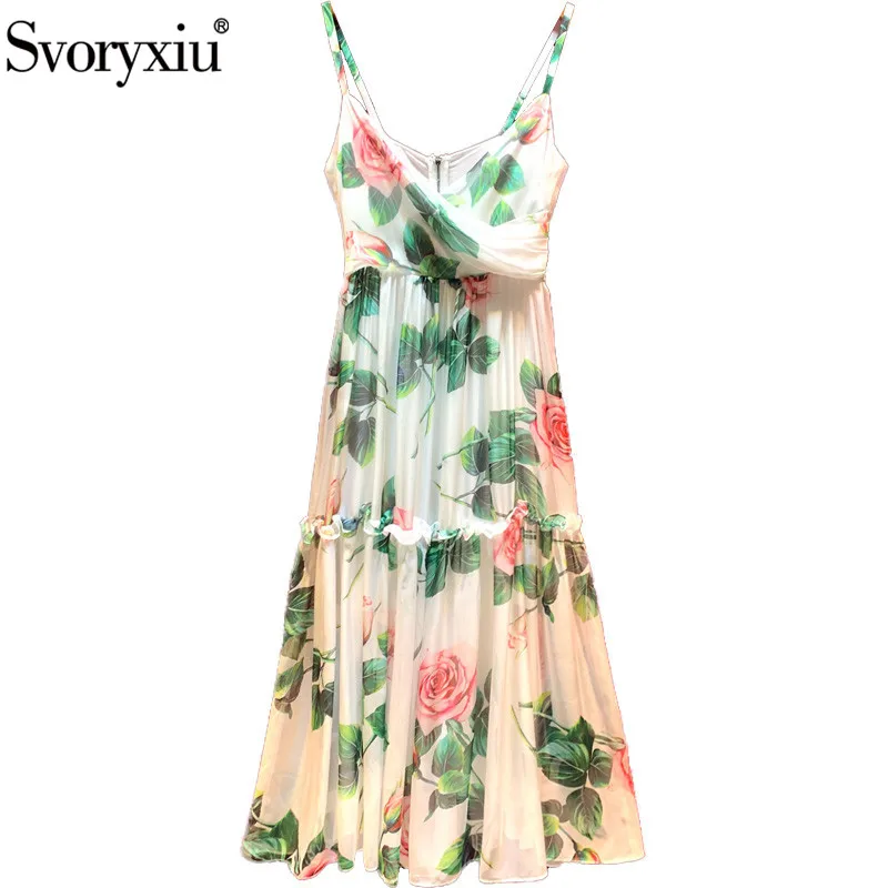 

Svoryxiu 2020 Runway Summer Sexy V-Neck Spaghetti Strap Dress Women's Charming Rose Flower Print Holiday Long Dresses Female