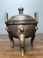 6 tibet buddhism old bronze cinnabar lacquer tripod incense burner binaural incense burner enshrine furnace