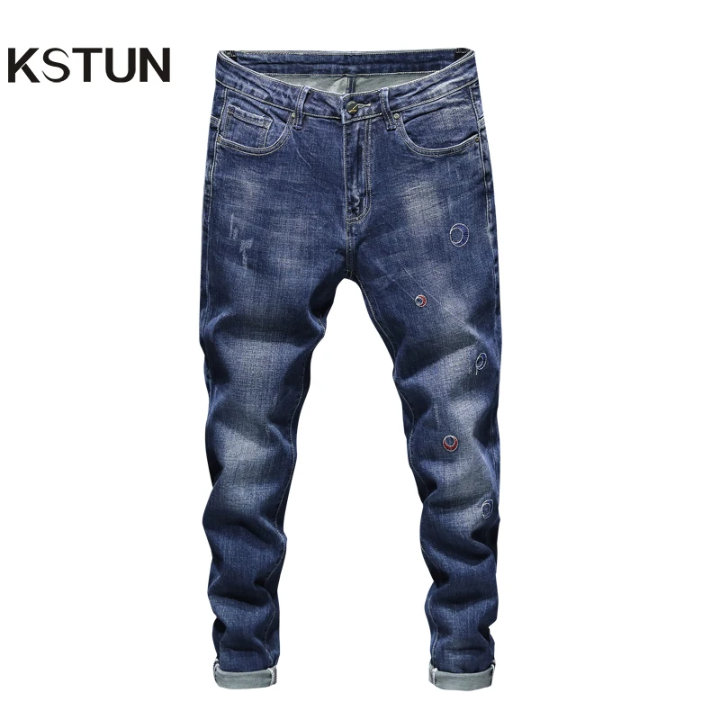 Мужские узкие джинсы синие эластичные модные брюки на весну и осень джинсовые с