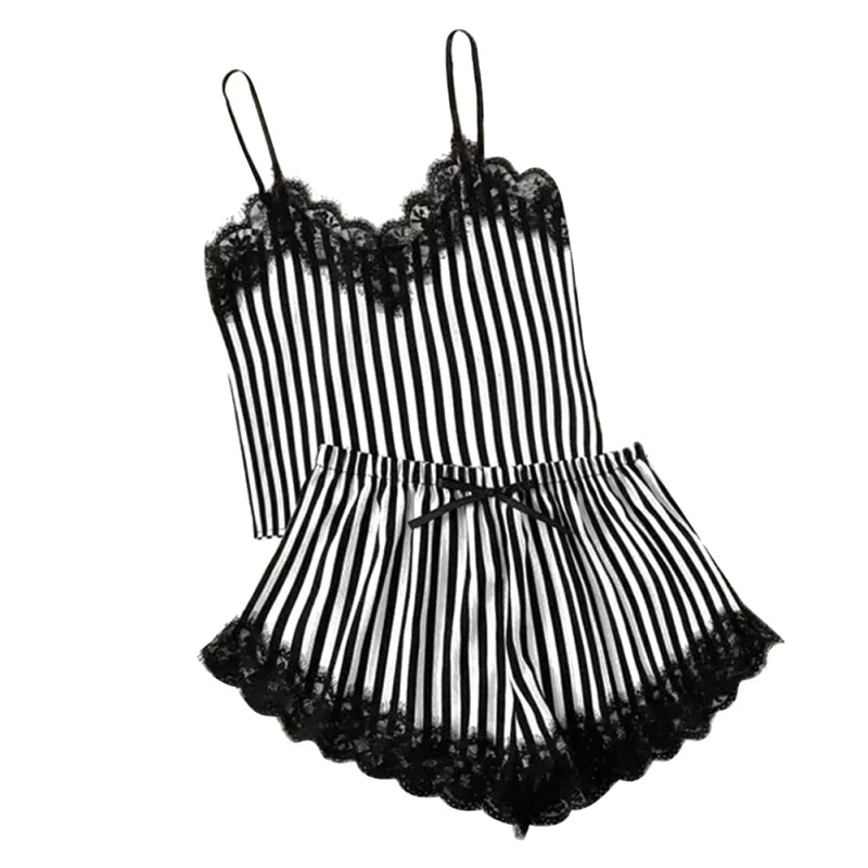 Black Женская сексуальная пижама, пижама из двух частей, сексуальные шорты на бретельках, двухсекционная полосатая кружевная сшивная Пижама, шелковые ночные рубашки - Цвет: Black