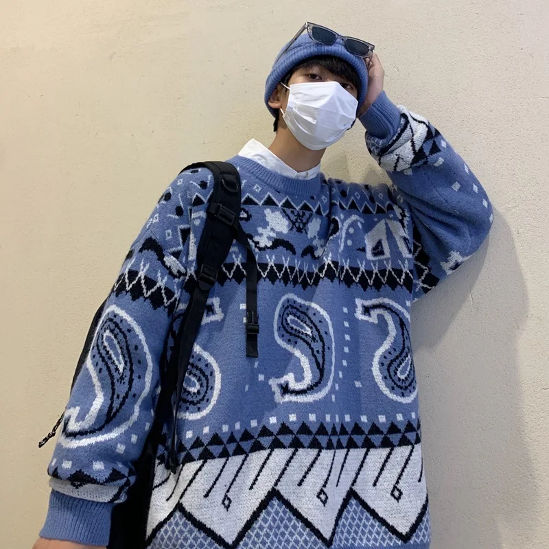 

Trendy Brand Lazy Jacquard Sweater Men and Women Autumn and Winter Youth Hip-hop Sports Color-blocking Loose Knit Sweater Men
