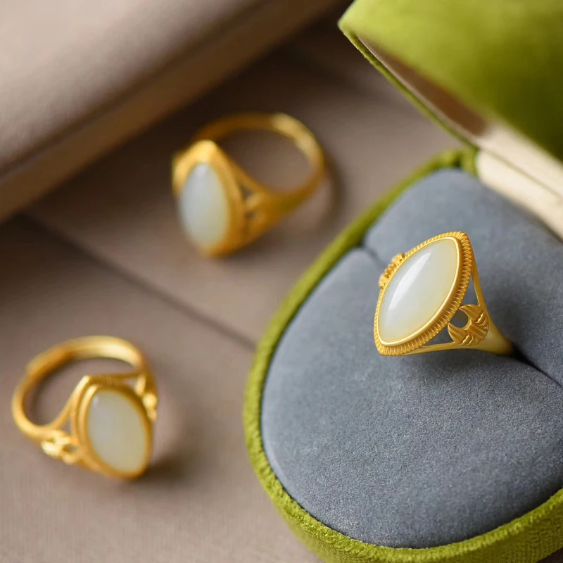 

Natural hetian white jade rings jade ring with 925 sterling silver ring electroplated 18k gold jadeite jade jewelry 925 ring