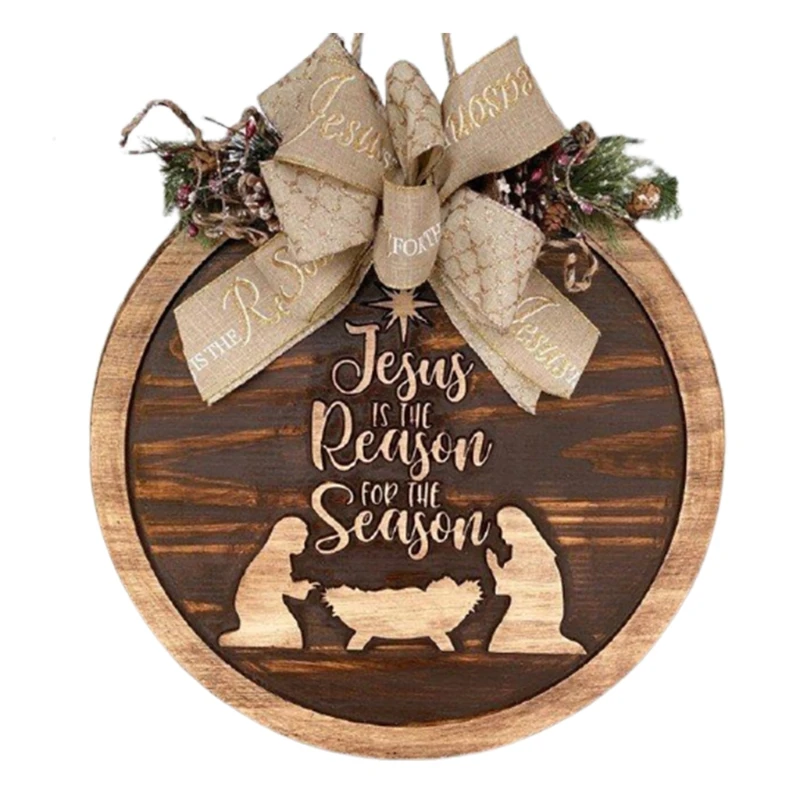 

X6HD Christmas Nativity Scene Wooden Wreath with Bow Pine Cones Rustic Hanging Sign Plaque Holiday Decor for front Door Xmas