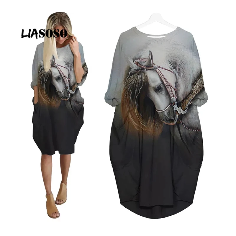 

LIASOSO Animal Horse Dress 3D Printing Girls Street Interesting Fashion Trend Wild Loose Long Sleeve Over The Knee Dress Womens