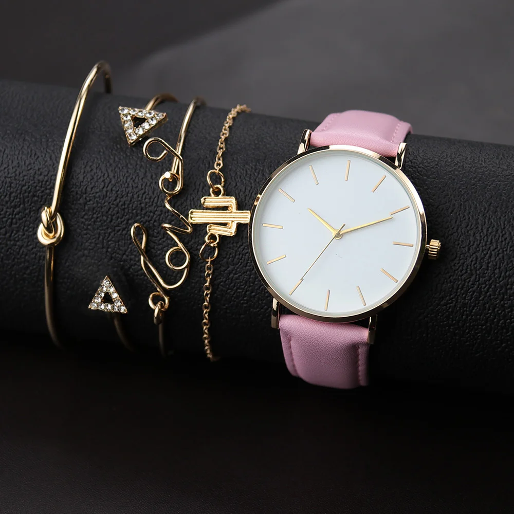 

Watch Gold Bracelet 4 Pcs Set Women Minimalist Quartz Leather Strap Wrist Watch Pink Black Belt Adjustable Ladies Watches