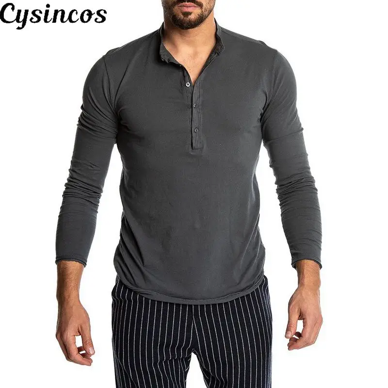 Мужская хлопковая футболка CYSINCOS однотонная с длинным рукавом и воротником