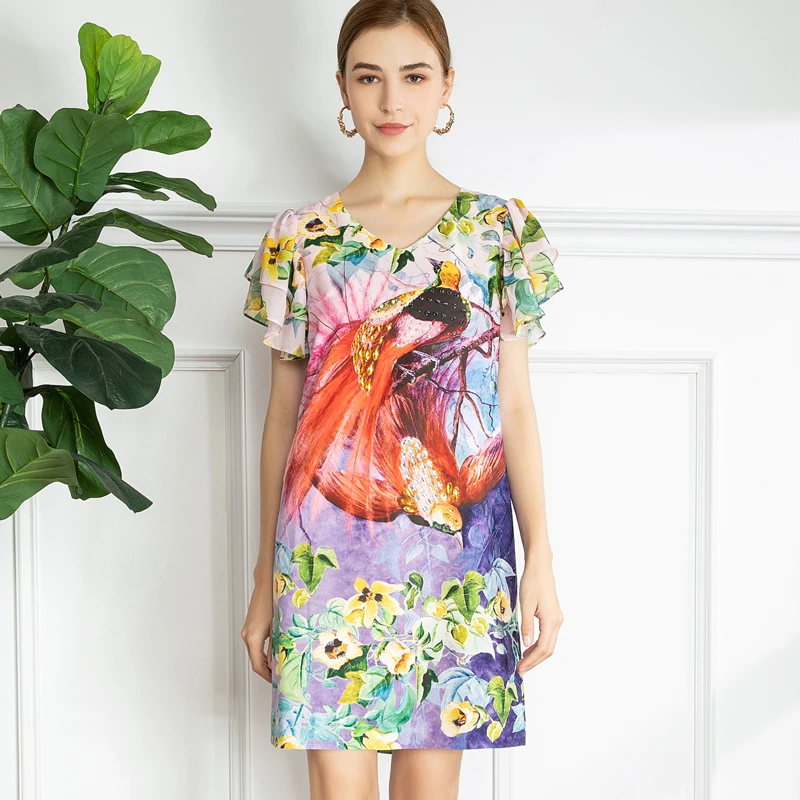 

2021 SPRING V NECK PRINT SHORT FLUTTER SLEEVE DRESS