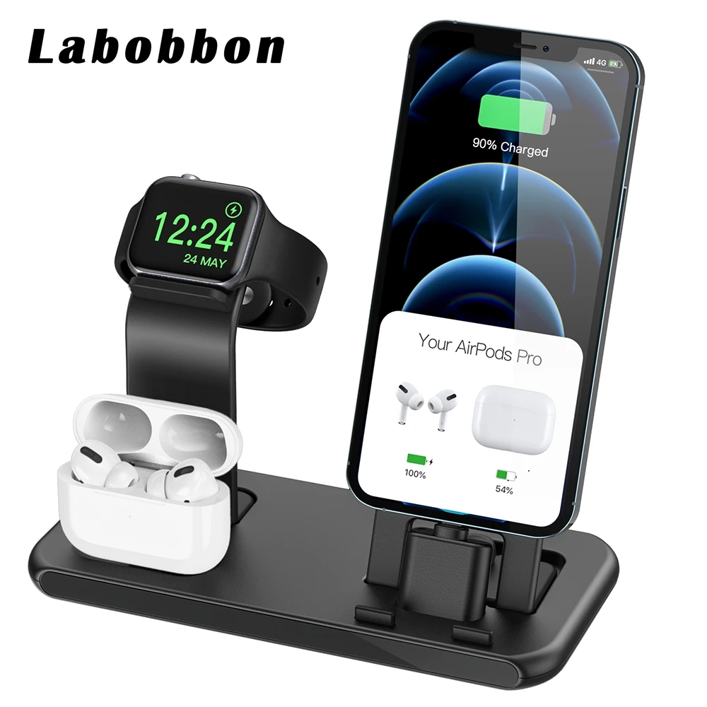 Labobbon 3 в 1 беспроводная зарядная подставка для Apple Watch 6 5 4 2 SE iPhone 12 11 X XS XR 8 Airpods Pro Qi