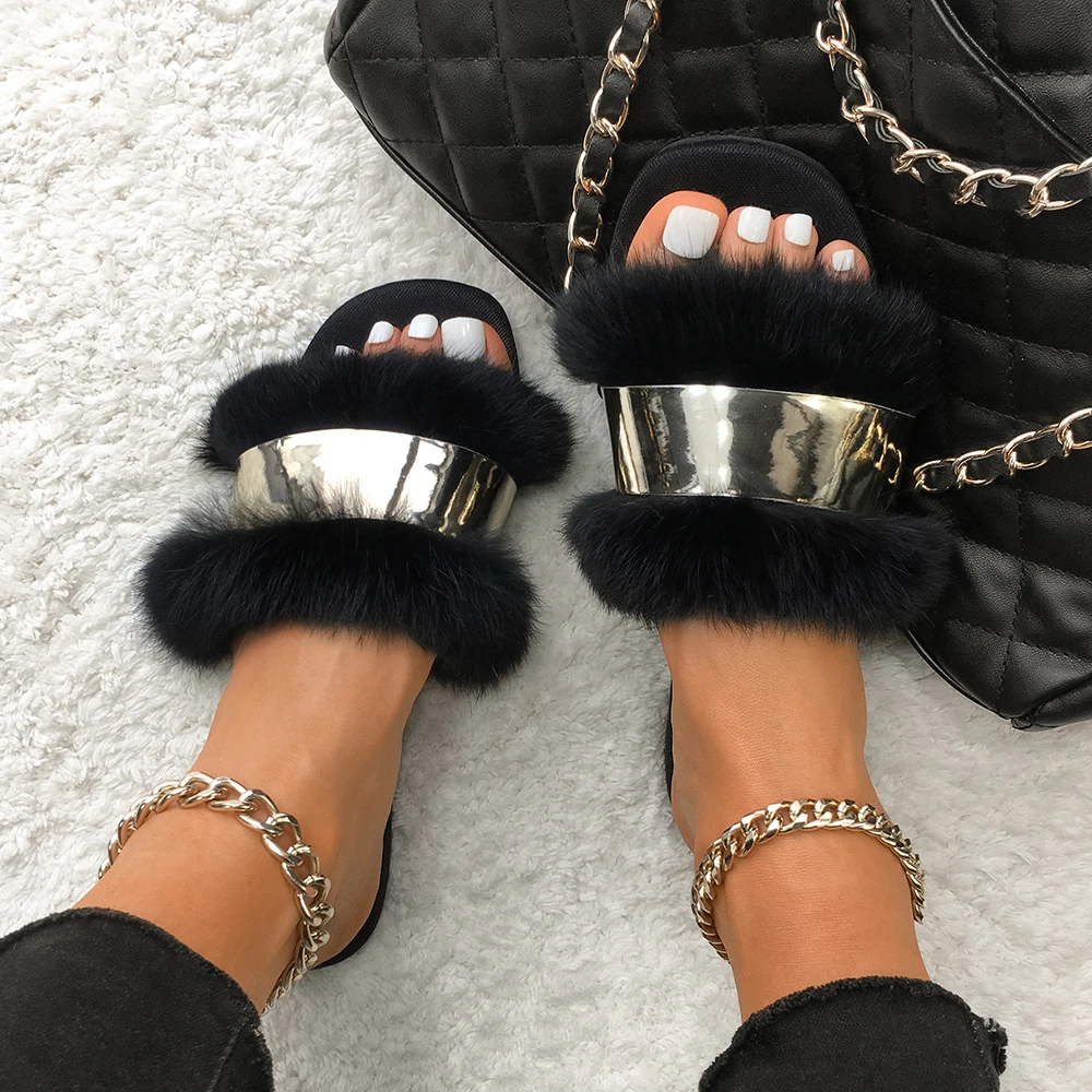 Real Rabbit Fur Slippers Fluffy Flip Flops Furry Fur Slides Ladies Gold Luxury Plush Slippers Flat Sandals Designer Women Shoes