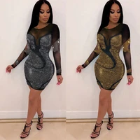 fashion rhinestones design women long sleeve hip dress sexy mesh patchwork see through bodycon for party night club suit s xxxl