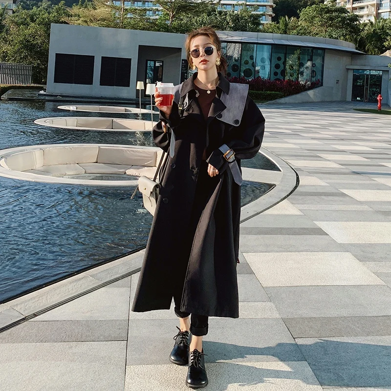 

British Coat Women Elegant Chic Double Breasted Belted Long Trench Jacket Spring Fall Oversize Loose Windbreakerr Outerwear L22