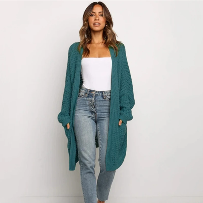 

Women Loose Style Knitted Coat, Solid Color Cardigan with Pockets, Pink/ Dark Green/ Light Grey/ Beige