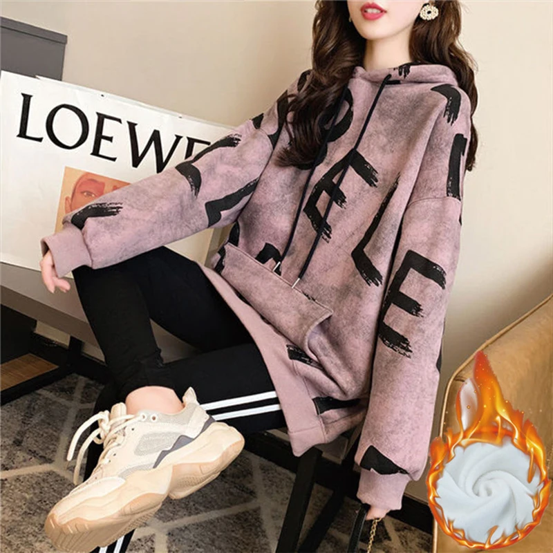 

CN 2021 Autumn Winter New Women's Sweatshirt Fashion Letter Print Fleece Hoodies Casual Oversized Mid length Hooded Sweatshirt