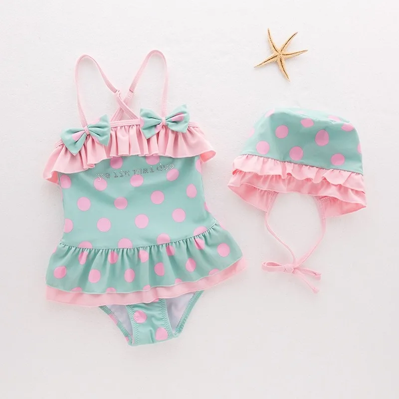 Kawaii/Детские купальники для девочек цельные зеленый розовый в горошек купальный