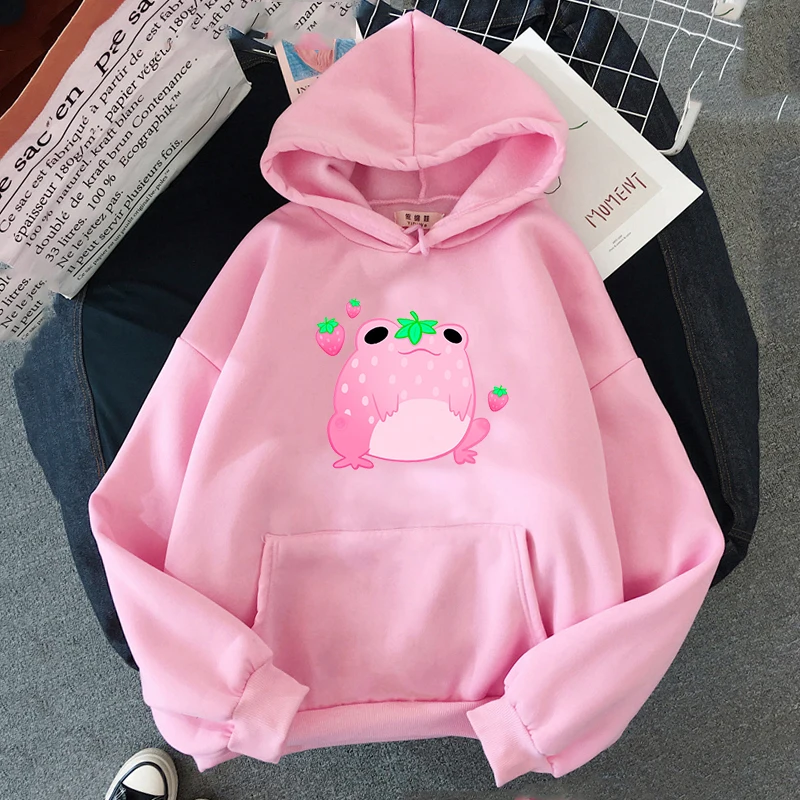 

Women Hoodies Kawaii Frog Print Hooded Sweatshirt Y2K Long Sleeve Slim Hoodie Sweatshirt with Large Front Pocket Korean Pullover