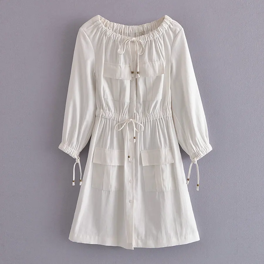 

Spring Summer Women White Cotton Dresses Long Bishop Sleeve Lace Up Cord Waist Four Pocket Front Design Single-Breasted Robe