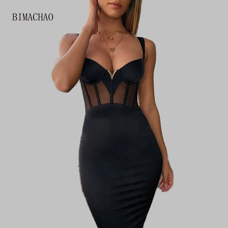 Женское платье без рукавов BIMACHAO однотонное облегающее Сетчатое с открытой