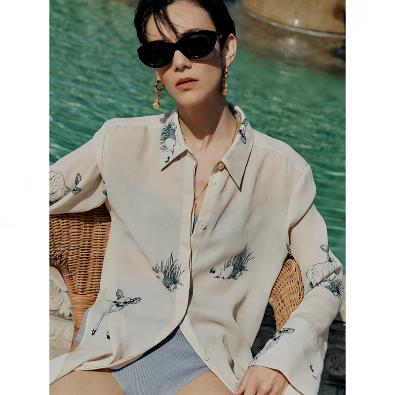 

Women Blouse summer see-through thin style sunscreen printed shirt with side slits long style shirt