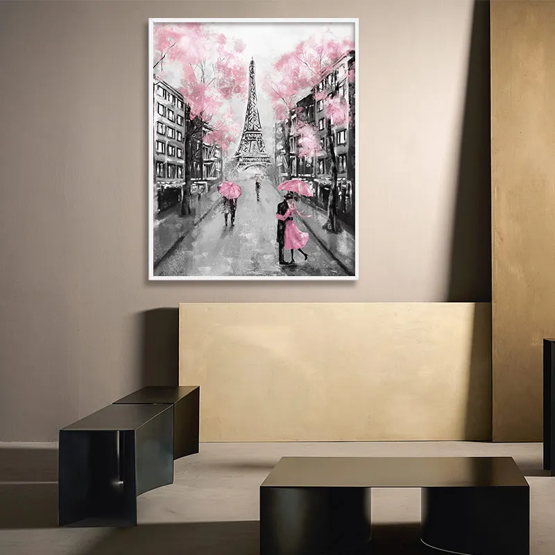 Романтическая пара зонтик Холст Искусство Плакат Париж Город Eiffell башня Пейзаж