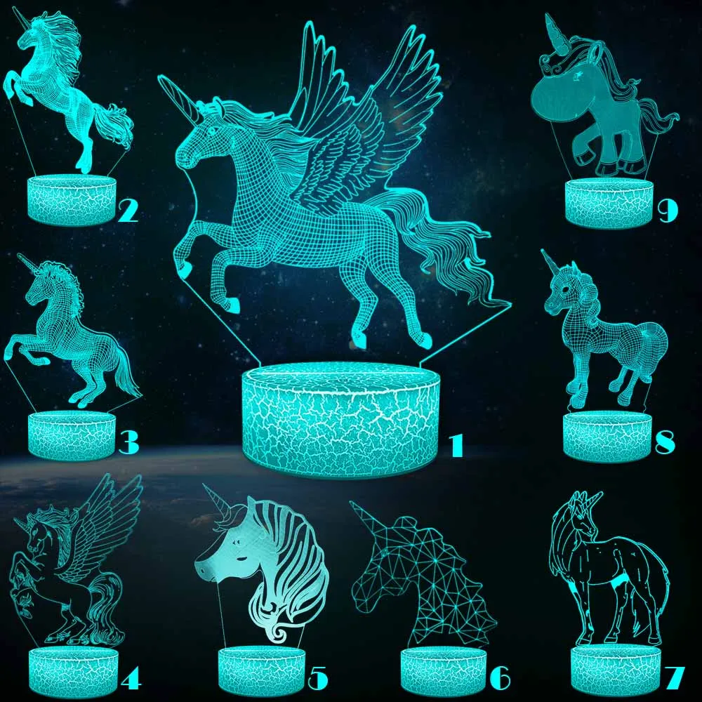 

Unicorn Series 3D Night Light Pony Girl Child Gift Mullticolor USB 3D Lamp Cartoon RGB LED Beside Luminaria Kid Toy Table Decor