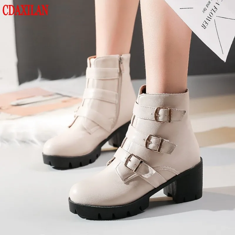 CDAXILAN new to women's boots PU Leather side zipper square heels ankle spring autumn winter ladies mptorcycle | Обувь
