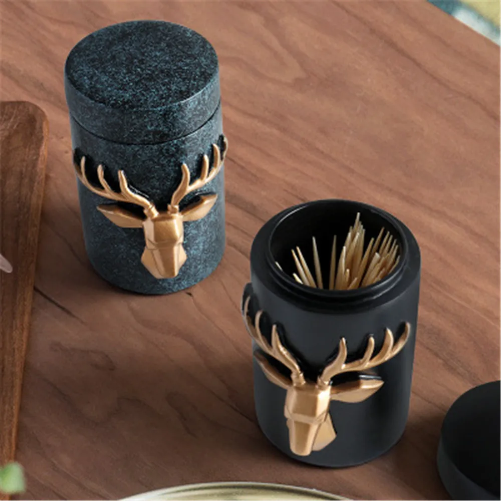 

European Deer Head Craft Toothpick Holder Creative Household Cotton Swab Cans Waterproof Dustproof Table Storage Box With Lid