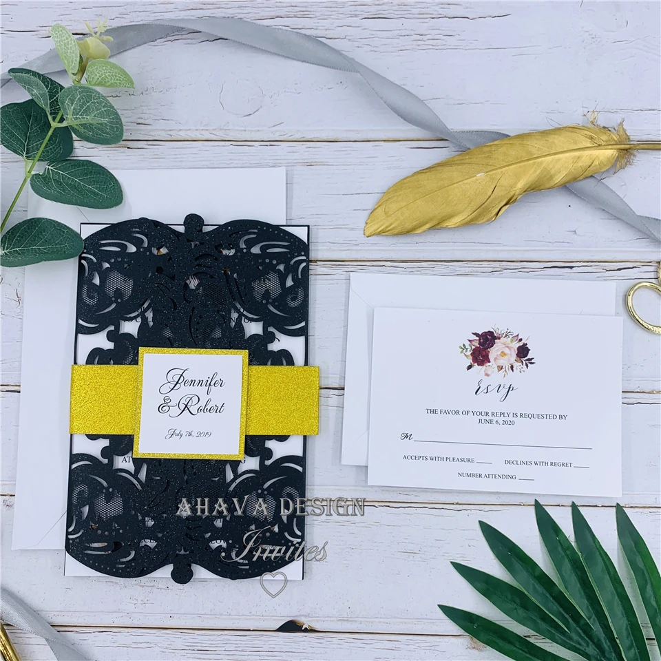 Elegant And Gorgeous Black Invites With Laser Cut Wrap Glitter Belly Band Free Design | Дом и сад