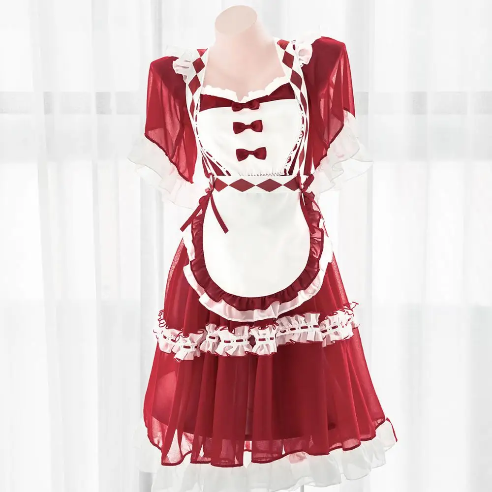 

Christmas Series Maid Outfit Long Dress Women Perspective Lace Trim Bowknot Uniform Set Soft Sister Sweet Cute Private Pajamas