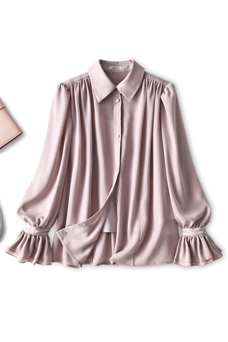 

SHUCHAN Blusas Mujer De Moda 2021 Verano Elegantes Oversized Button Down Shirt for Women Pink Vintage Flare Sleeve Pink Top