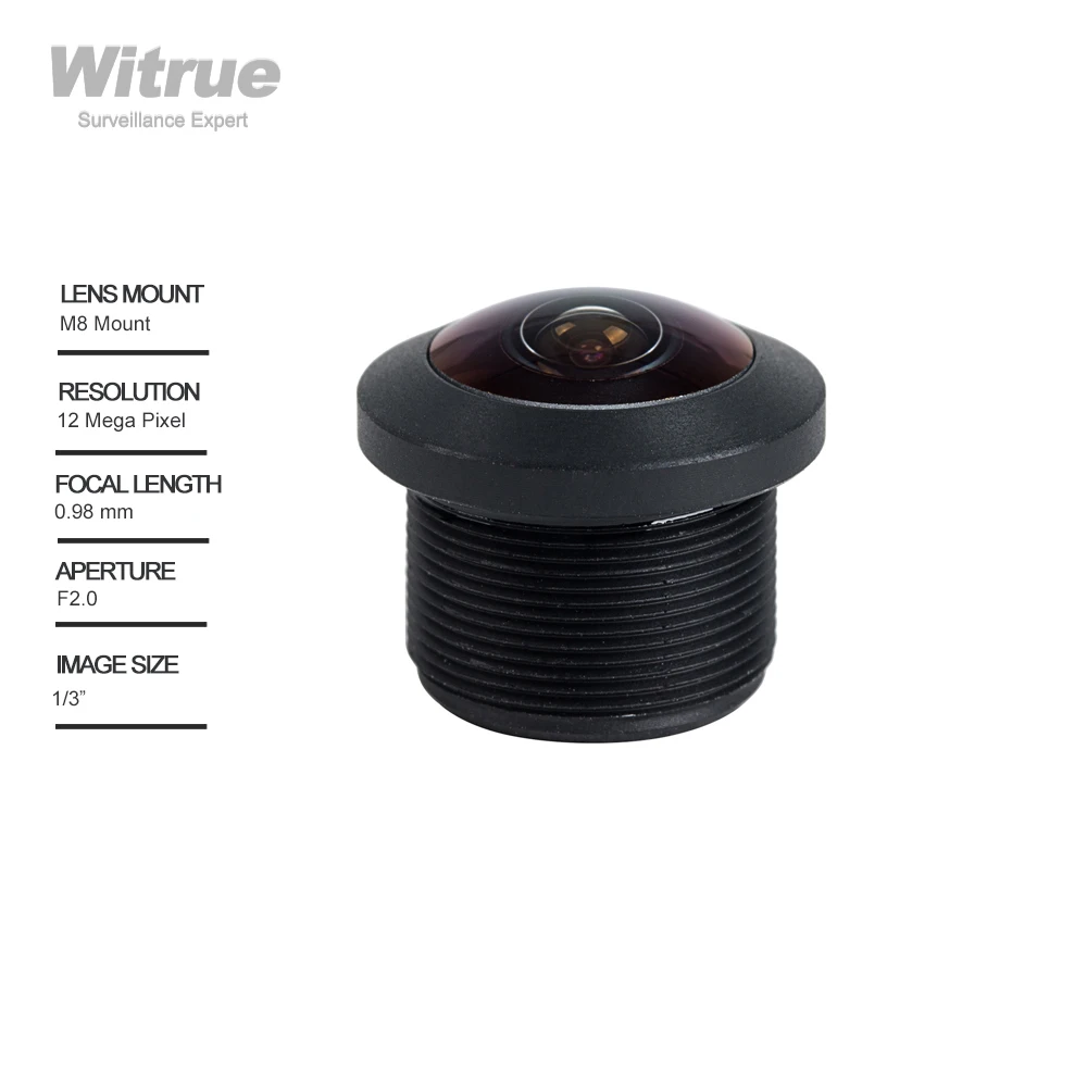 

Witrue Fish eye CCTV Lens 0.98MM 225 Degree HD 12MP M8 X P0.35 Mount 1/3" F2.0 for Car Camera Vending Machine