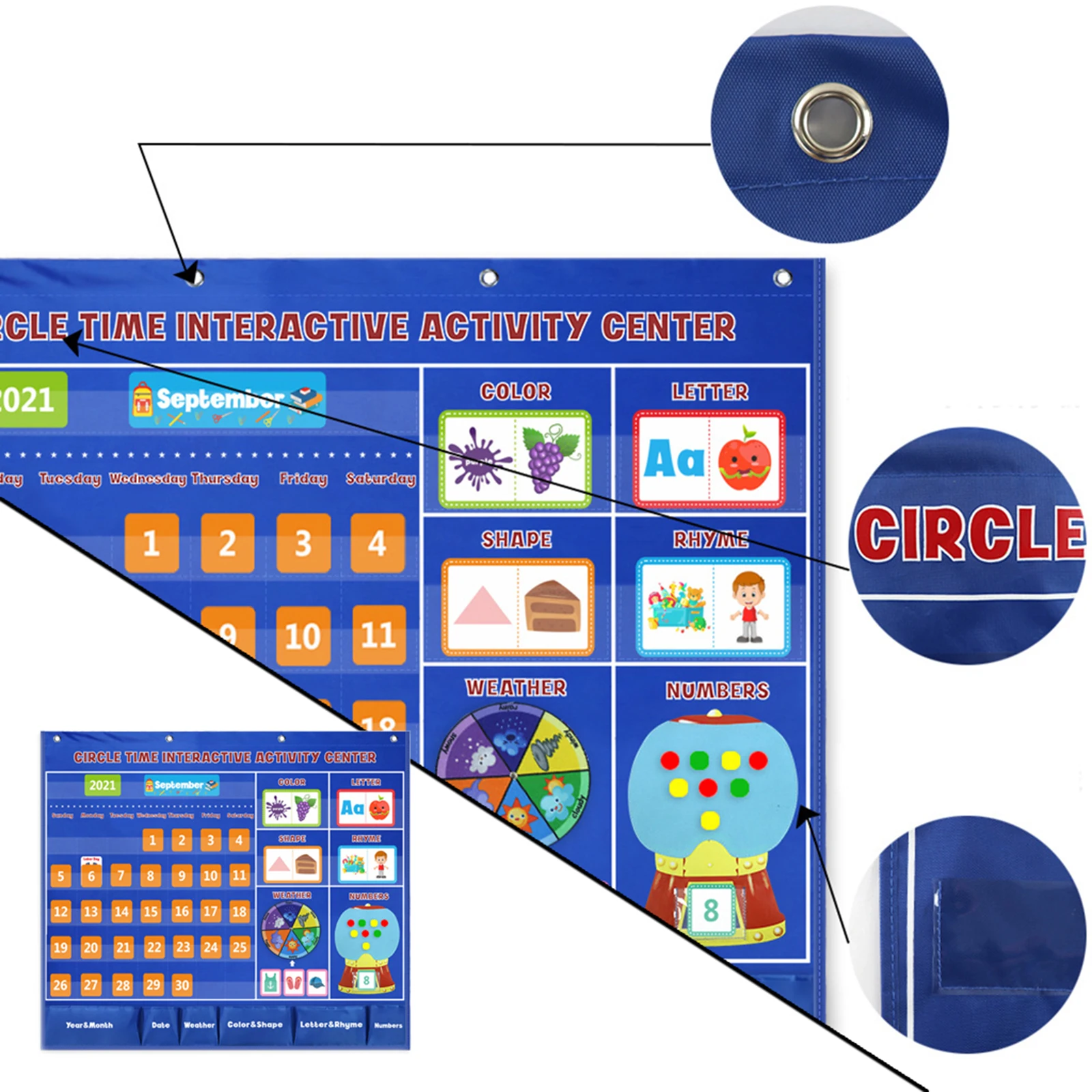 

Children Calendar & Weather Pocket Chart w/ Holes, for Kids Playset w/ Card and Pocket, Develop kids Ability Gift