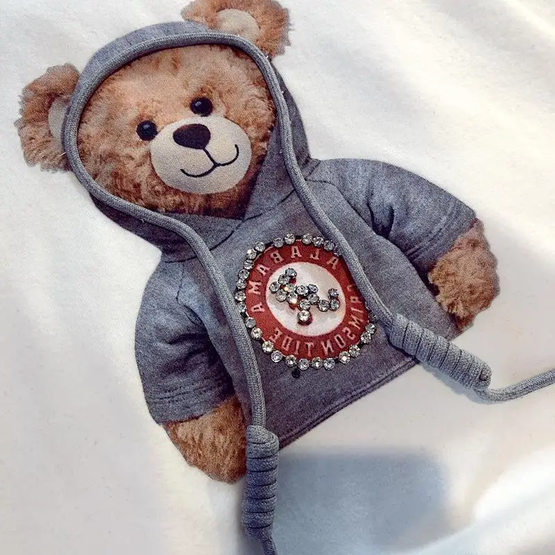 

Summer Tshirts Casual Kawaii Rhinestone Short Sleeve Cotton 3D Bear Print Crewneck Funny Graphic Pullover Korean Tops Women