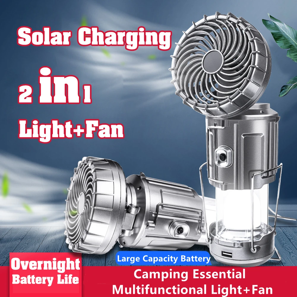 Ventilador de Luz Solar portátil para exteriores, lámpara LED impermeable para acampada, carpa, pesca, Luz USB