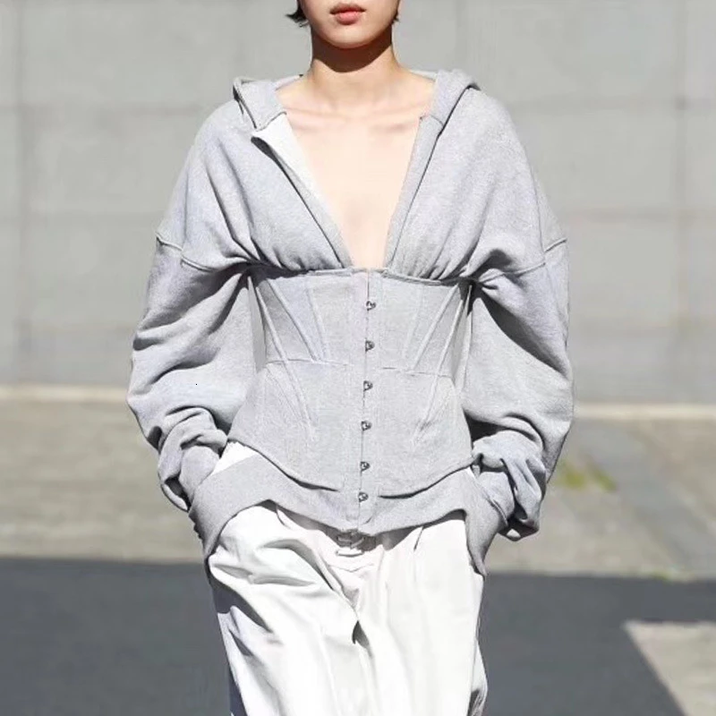 

Casual Tunika Unregelmäßigen Sweatshirts Weibliche V-ausschnitt Langarm Hohe Taille Dünnen frauen Hoodies Mode 2020 Kleidung