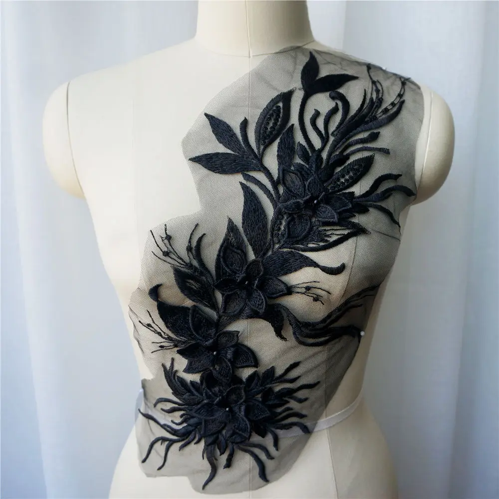 Белая черная серая 3D Цветочная кисточка кружевная ткань аппликации вышитый