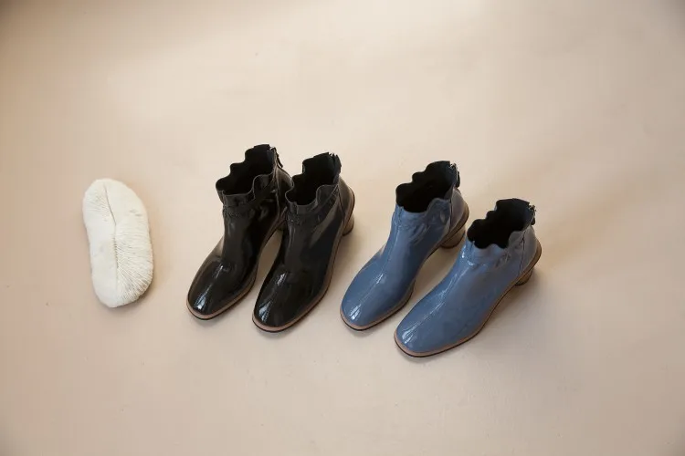 

Vichelo Hot french romantic cow patent leather ruffles korean street round toe thick high heel zipper gorgeous ankle boots L9f2