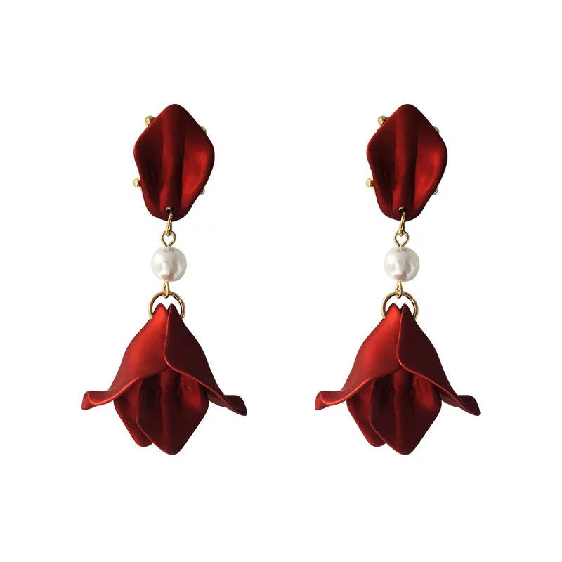 Aretes de mujer, современный стиль, дизайн, большие красные лепестки роз, серьги с кисточками, тренд, темперамент, летние корейские серьги для женщин